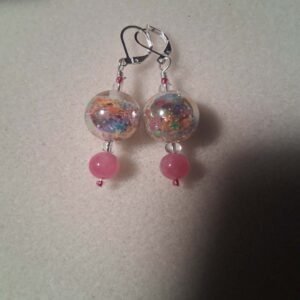 Mettalic globe shimmer beaded earrings with pink glass on lever backs